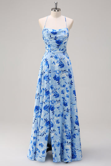 Blå A-linje blomster Spaghetti stropper Lang brudepigekjole med slids